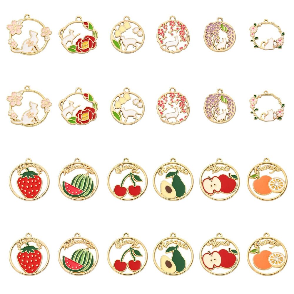 8144 24 Pcs Enamel Flower Charms for Jewelry Making Bulk Rabbit Strawberry